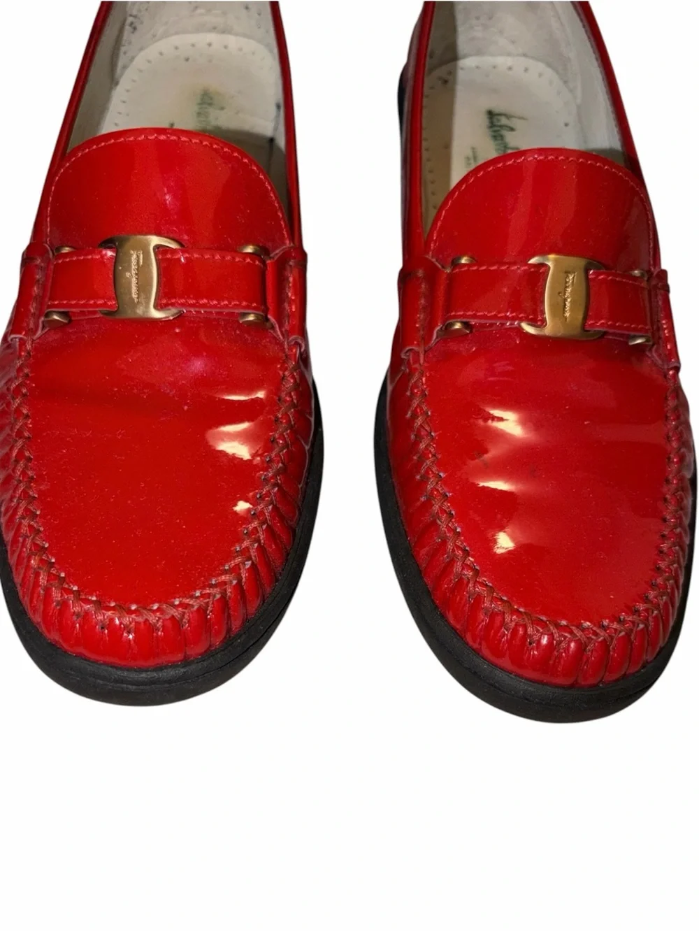 Vintage Salvatore Ferragamo Red Patent Leather Horsebit Loafers 8 B Made Italy